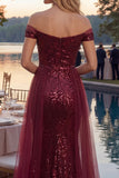 Robe longue de bal en ligne A scintillante décollée sur les épaules, sequins bordeaux