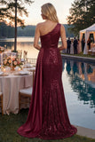 Robe de bal longue de bal en sirène bourgogne scintillante à paillettes à une épaule