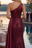 Robe de bal longue de bal en sirène bourgogne scintillante à paillettes à une épaule