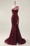Robe de bal de bal scintillante en paillettes bourgogne avec une épaule et une longue robe de bal