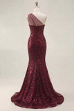 Robe de bal de bal scintillante en paillettes bourgogne avec une épaule et une longue robe de bal