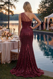 Robe de bal de bal scintillante en paillettes bourgogne avec une épaule et une longue robe de bal