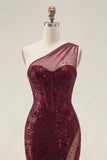 Robe de bal de bal scintillante en paillettes bourgogne avec une épaule et une longue robe de bal