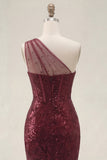 Robe de bal de bal scintillante en paillettes bourgogne avec une épaule et une longue robe de bal