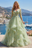 Corset A vert à col en V appliqué et longue robe de bal avec volants