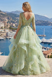Corset A vert à col en V appliqué et longue robe de bal avec volants
