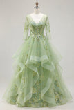 Corset A vert à col en V appliqué et longue robe de bal avec volants