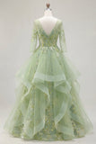 Corset A vert à col en V appliqué et longue robe de bal avec volants