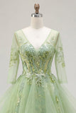 Corset A vert à col en V appliqué et longue robe de bal avec volants
