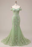 Corset de bal, corset décollé vert sirène et longue robe de bal appliquée