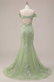 Corset de bal, corset décollé vert sirène et longue robe de bal appliquée