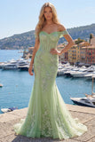 Corset de bal, corset décollé vert sirène et longue robe de bal appliquée