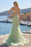 Corset de bal, corset décollé vert sirène et longue robe de bal appliquée