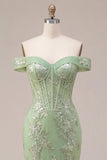 Corset de bal, corset décollé vert sirène et longue robe de bal appliquée