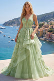 Corset A vert à col en V appliqué et longue robe de bal avec volants