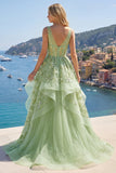 Corset A vert à col en V appliqué et longue robe de bal avec volants