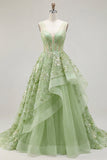 Corset A vert à col en V appliqué et longue robe de bal avec volants