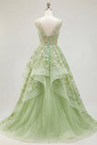 Corset A vert à col en V appliqué et longue robe de bal avec volants