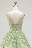 Corset A vert à col en V appliqué et longue robe de bal avec volants