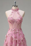 Corset de bal long à col nu en Taro ligne A avec des fleurs 3D appliquées