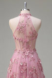 Corset de bal long à col nu en Taro ligne A avec des fleurs 3D appliquées