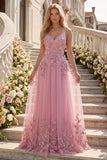 Robe de bal longue en Taro à bretelles fines avec fleurs 3D appliquées