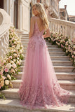Robe de bal longue en Taro à bretelles fines avec fleurs 3D appliquées