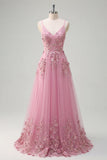 Robe de bal longue en Taro à bretelles fines avec fleurs 3D appliquées