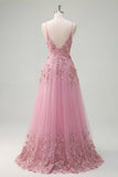 Robe de bal longue en Taro à bretelles fines avec fleurs 3D appliquées