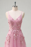 Robe de bal longue en Taro à bretelles fines avec fleurs 3D appliquées