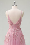 Robe de bal longue en Taro à bretelles fines avec fleurs 3D appliquées
