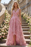Robe longue de bal en taro à col en V ornée de perles avec des fleurs 3D appliquées