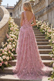 Robe longue de bal en taro à col en V ornée de perles avec des fleurs 3D appliquées