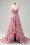 Robe longue de bal en taro à col en V ornée de perles avec des fleurs 3D appliquées