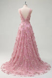 Robe longue de bal en taro à col en V ornée de perles avec des fleurs 3D appliquées