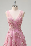 Robe longue de bal en taro à col en V ornée de perles avec des fleurs 3D appliquées