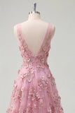 Robe longue de bal en taro à col en V ornée de perles avec des fleurs 3D appliquées