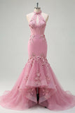 Corset à col nu en taro de sirène avec perles ornée de longue robe de bal avec des fleurs 3D