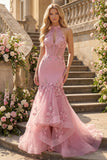 Corset à col nu en taro de sirène avec perles ornée de longue robe de bal avec des fleurs 3D