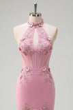 Corset à col nu en taro de sirène avec perles ornée de longue robe de bal avec des fleurs 3D