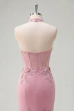 Corset à col nu en taro de sirène avec perles ornée de longue robe de bal avec des fleurs 3D
