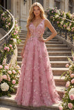 Robe longue de bal en taro en vr, décolleté en V ornée de perles, avec des fleurs 3D