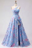 Robe de bal bleue à une épaule appliquée à une épaule avec fente
