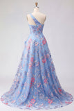 Robe de bal bleue à une épaule appliquée à une épaule avec fente