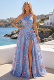 Robe de bal bleue à une épaule appliquée à une épaule avec fente