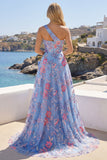 Robe de bal bleue à une épaule appliquée à une épaule avec fente