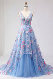 Robe de bal de bal bleue fleurale en ligne A à col en V