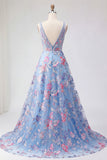 Robe de bal de bal bleue fleurale en ligne A à col en V