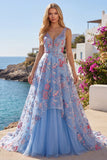 Robe de bal de bal bleue fleurale en ligne A à col en V