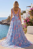 Robe de bal de bal bleue fleurale en ligne A à col en V